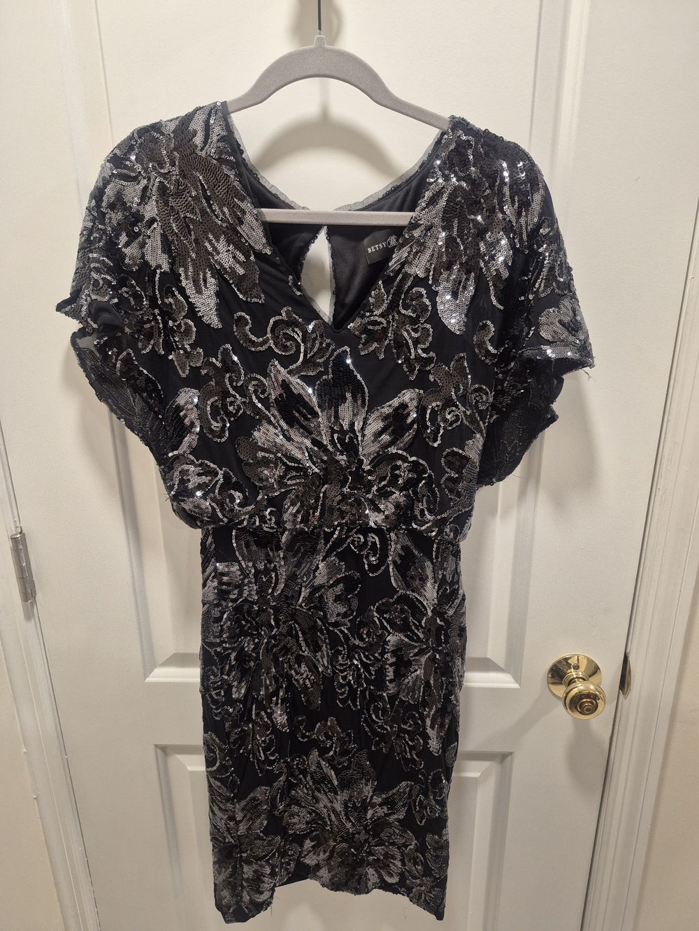 Betsy Adam Black Dress with Silver Sequin Floral Pattern